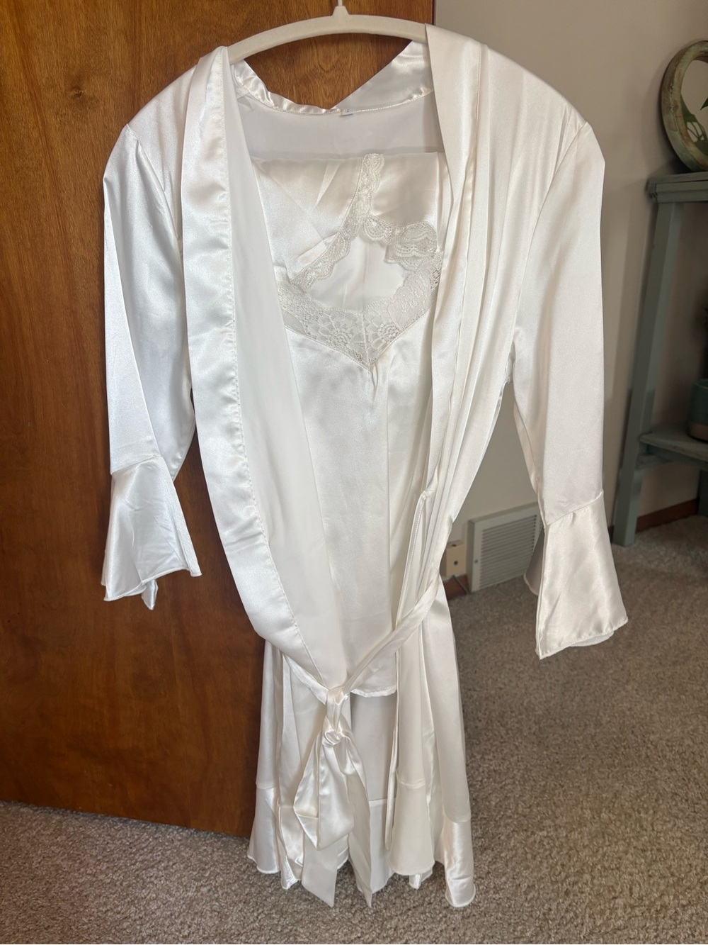 Satin Lace Trim Women's Robe and Chemise Set - White